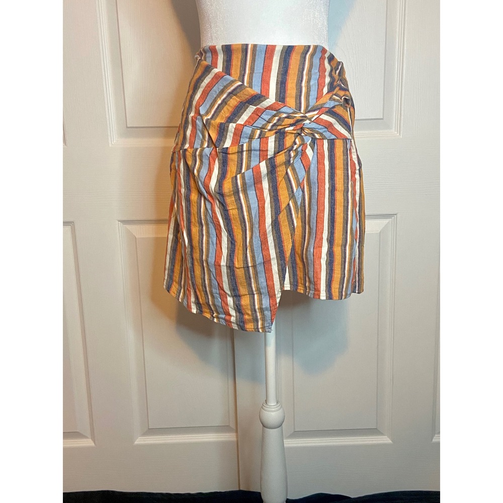 Three Bird Nest Striped Linen Blend Knot Front Mini Skirt Multi-Color Size M